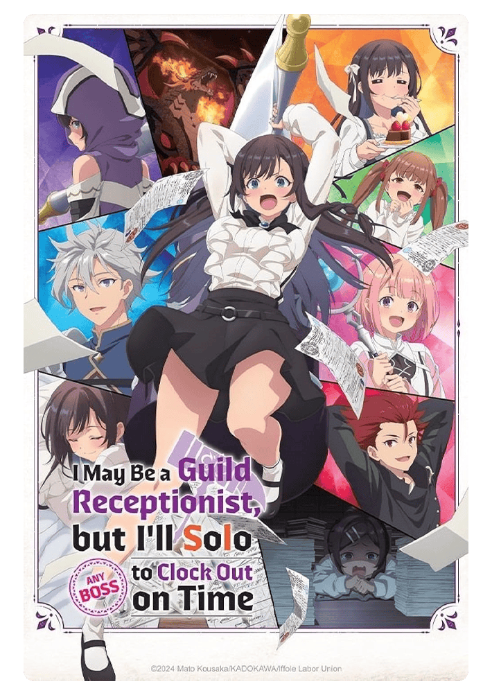 Dieses Cover ist in mehreren Bildern unterteilt, wo mehrere Charaktere aus dem Anime zu sehen sind.