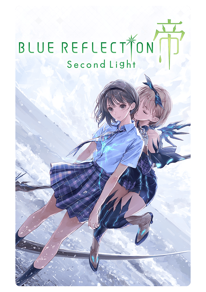 Auf dem Cover von „Blue Reflection: Second Light" sind zwei Schülerinnen zu sehen. Eine hält eine Art Sense in der Hand und fast das Mädchen, welches vorne steht, hinten an den Schultern.