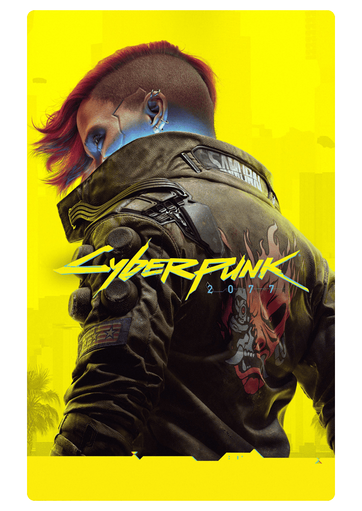 Auf dem Cover von „Cyberpunk 2077" ist zum einen das Logo des Spiels zu sehen, umrisse einer Stadt und eine Frau, in einer Jacke, die von hinten zu sehen ist, aber leicht über die Schultern guckt.