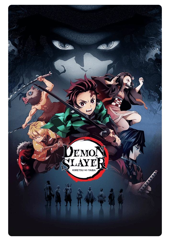 Auf dem Cover von der ersten Staffel des Anime „Demon Slayer", ist das Logo des Anime zu sehen, darüber befinden sich einige Charaktere, genau so wie unter dem Logo, die allerdings kleiner und von hinten dargestellt werden.
