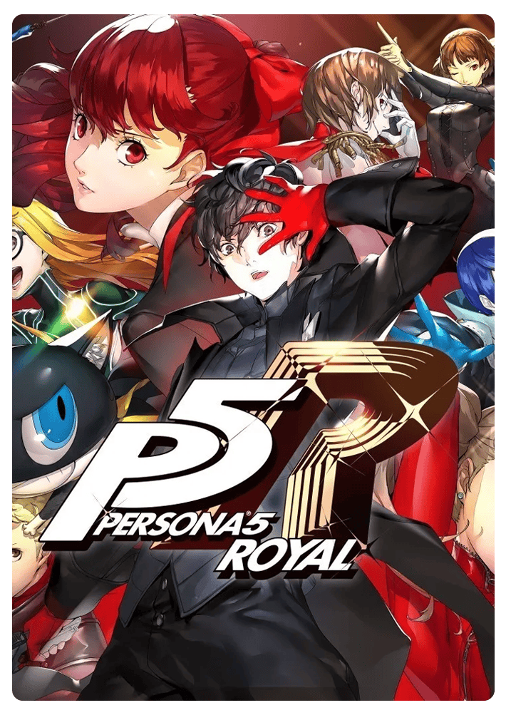 Persona 5 Royal Cover, auf dem viele verschiedene Charaktere zu sehen sind, die alle in unsere Richtung schauen und einzigartige Posen einnehmen.