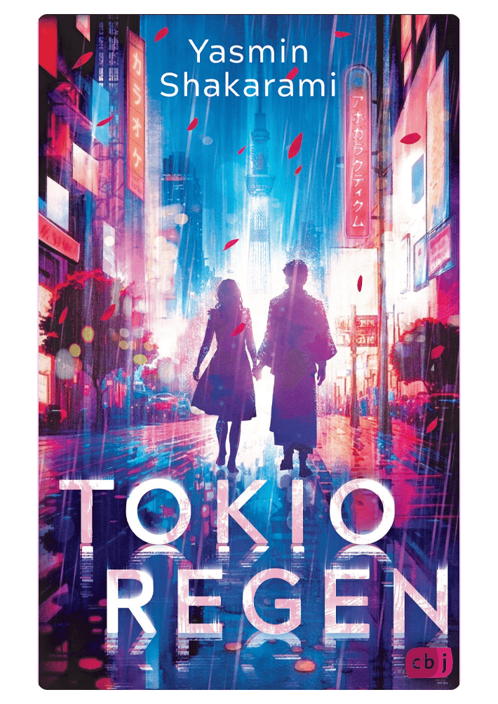 Ein junges Paar ist von hinten zu sehen, das Händchen hält. Das Cover ist sehr bunt gehalten, unten steht „Tokyoregen" und oben ”Yasmin Shakarami".
