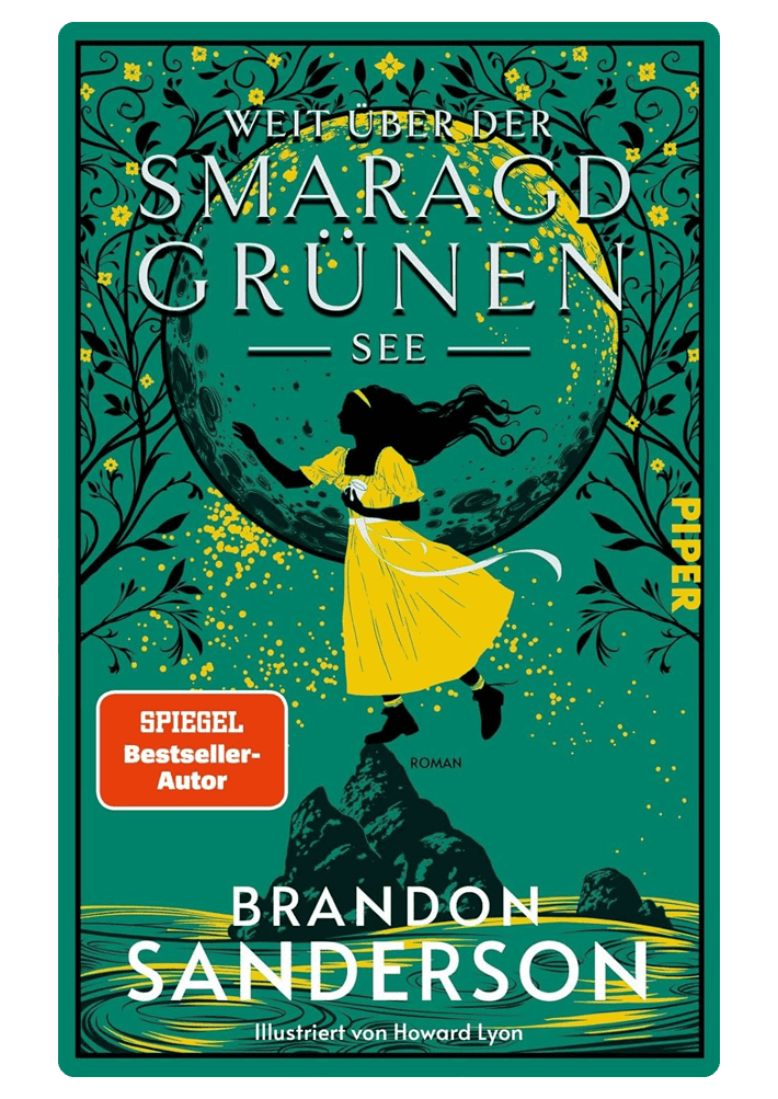 Ein grünes Cover, mit dem Schriftzug „weit über der smaragdgrünen See", welches sich ganz oben befindet, während unten ”Brandon Sanderson" steht. Auf dem Cover ist eine Frau, in einem gelben Kleid, zu sehen – die mit nur einem Fuß, auf einem Felsen steht.