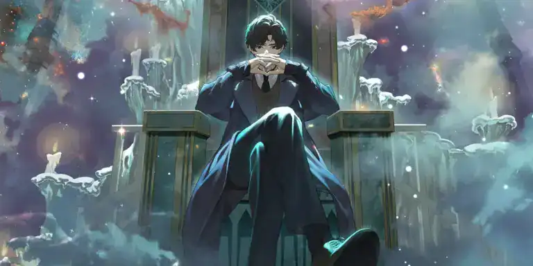 Ein Mann, der auf einer Art Thron sitzt ind die Beine übereinander geschlagen hat.