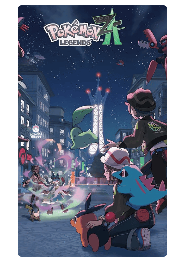 Pokémon Legenden Z-A Cover, auf dem Trainer und Pokémon zu sehen sind, die bei Nacht in der Stadt gegeneinander kämpfen.