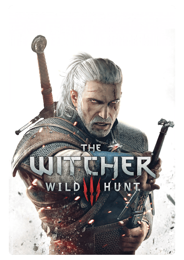 Ein Mann mit grauen Haaren, zwei Schwertern und dem Schriftzug: „The Witcher 3: Wild Hunt"