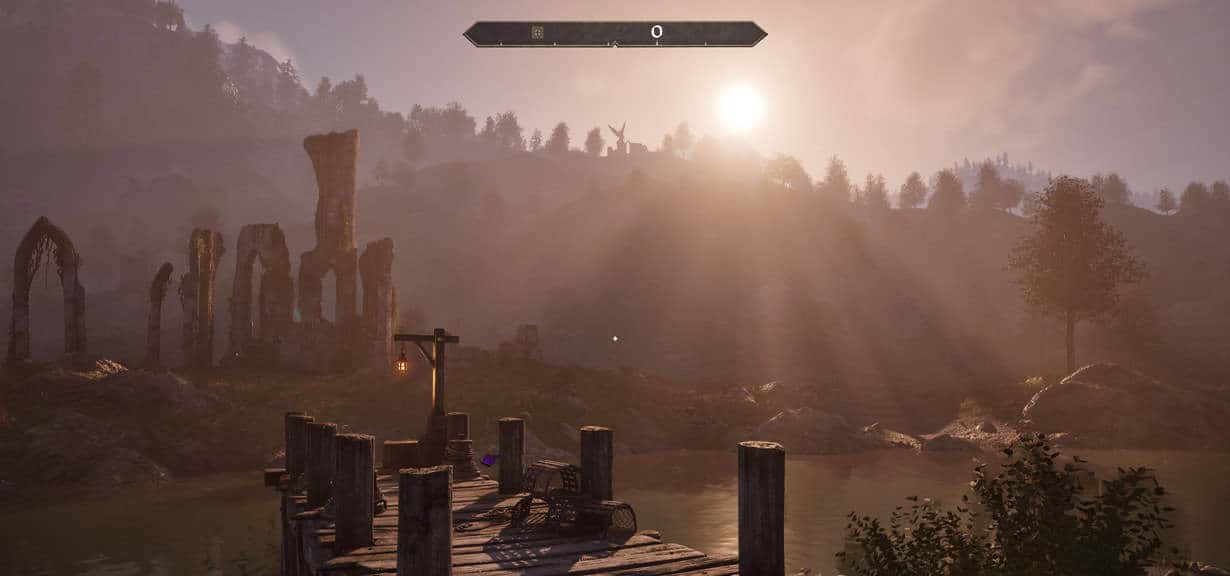 Wunderschöne Aussicht bei Oblivion, nachdem man das Gefängnis verlassen hatte: Wassersteg, Bäume, Berge, die Sonne strahlt und eine Ruine ist etwas weiter weg zu sehen.