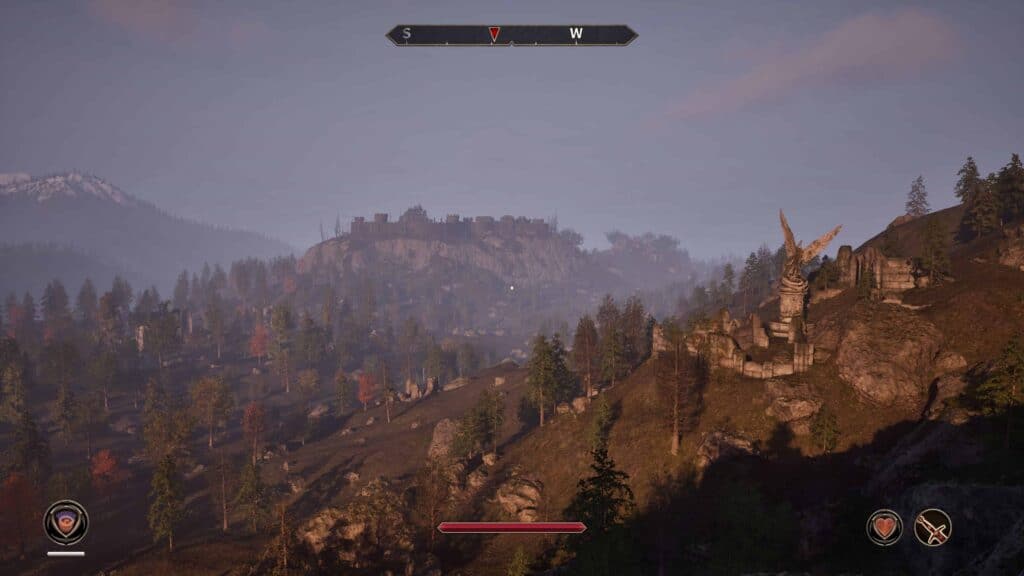 Screenshot aus dem Remastered von Oblivion aus dem Jahr 2025. Man sieht Berge und viele Bäume.