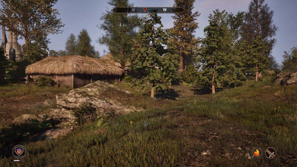 Screenshot aus dem Remastered von Oblivion aus dem Jahr 2025. Eine Idyllische Landschaft. Ein Haus ist in der Ferne zu sehen, davor einige Bäume, viel Wiese und paar Steine.