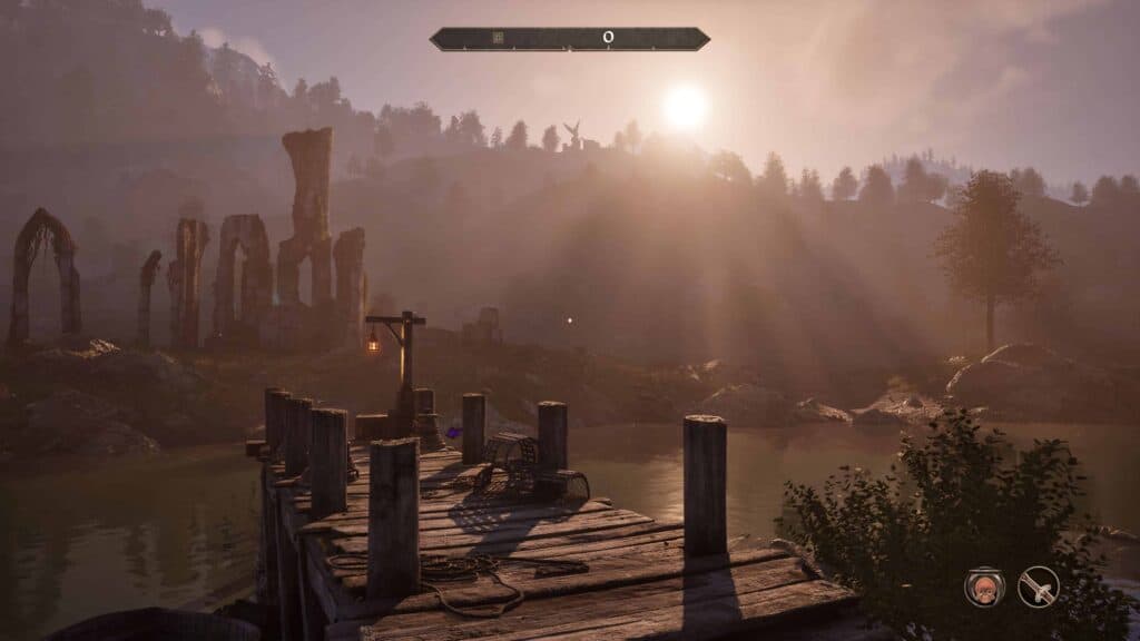 Eine schöne Landschaft: Ein Screenshot aus dem Remastered von Oblivion, welches 2025 erschienen ist. Die Sonne scheint, in der Ferne sieht man Bäume, Berge und etwas weiter vorne eine Ruine. Im Vordergrund ist ein Steg am Wasser zu sehen.