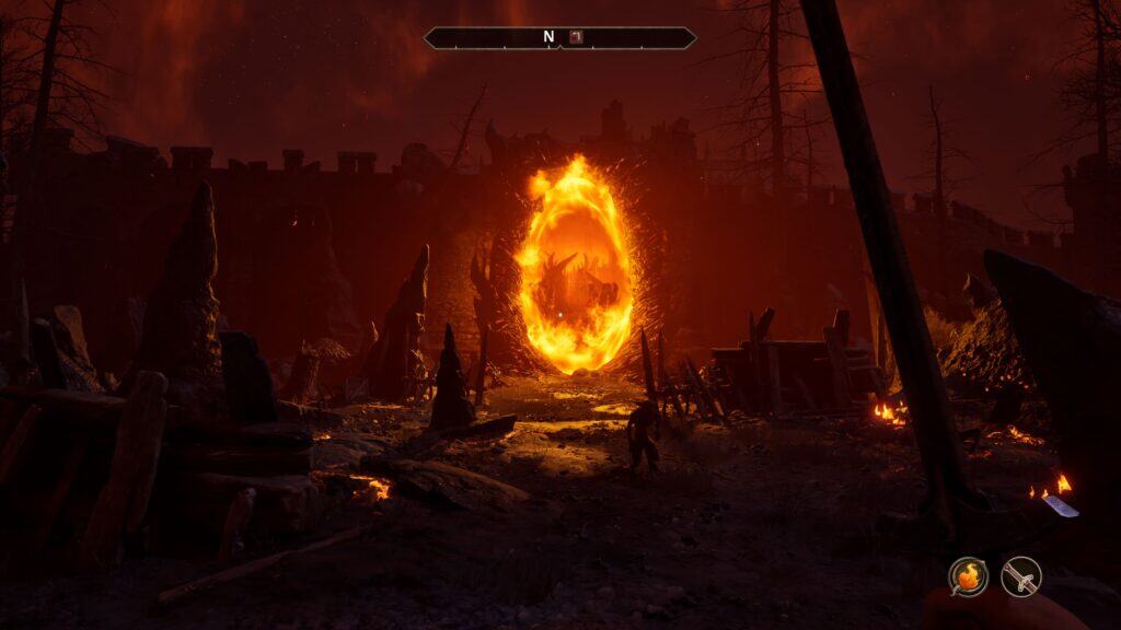 Screenshot aus dem Remastered von Oblivion aus dem Jahr 2025. Das flammende Oblivion Tor in einer verwüsteten Landschaft.